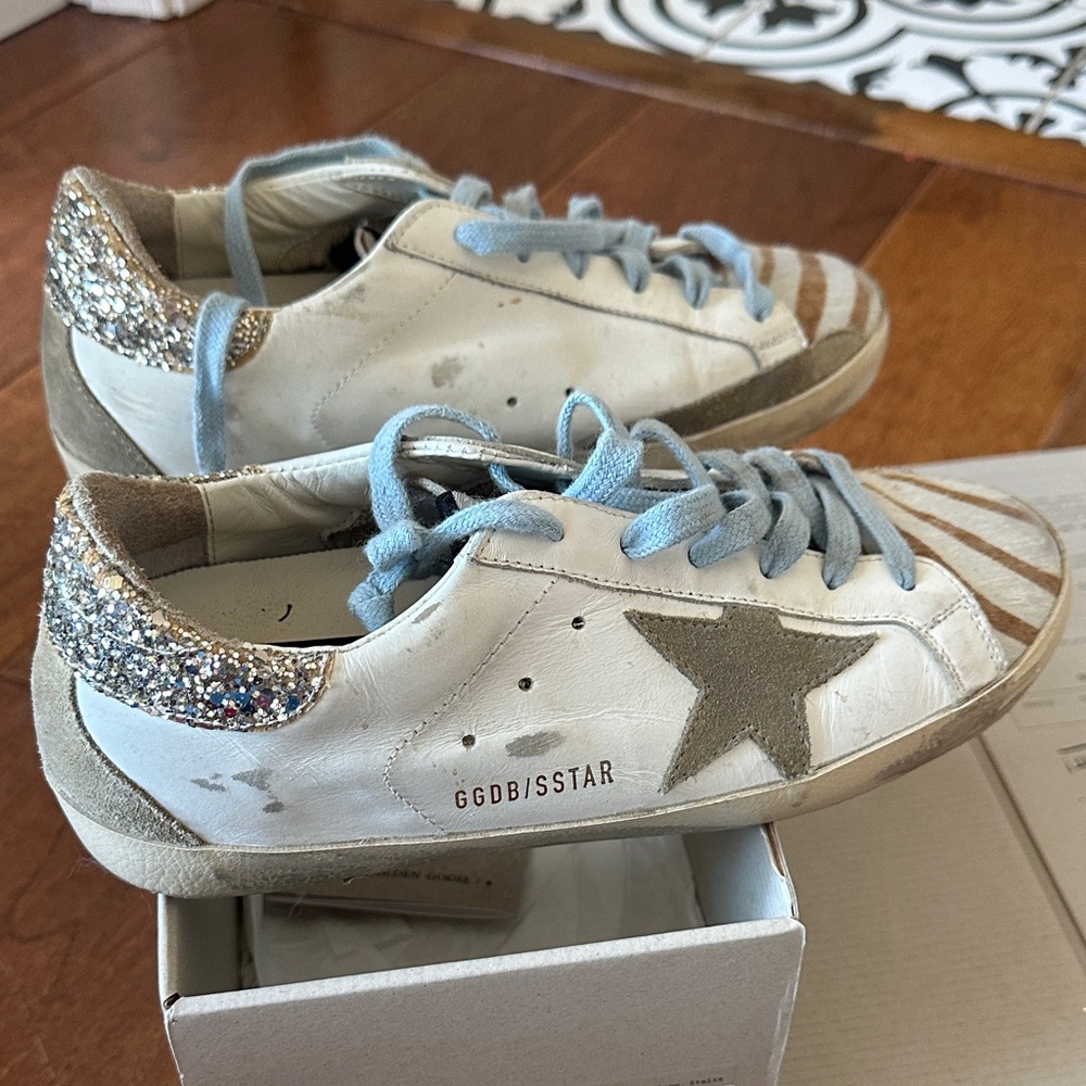 Golden Goose White Sneakers with Silver Glitter and Blue Laces